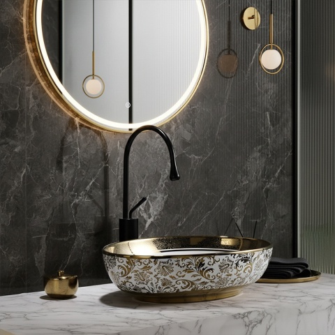 UMYWALKA NABLATOWA CERAMICZNA OWALNA KINI-WH-MOD6-500 BIAŁA ZŁOTA 50x37 CM