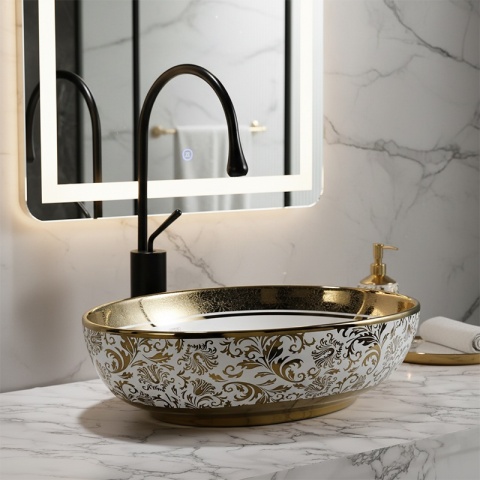 UMYWALKA NABLATOWA CERAMICZNA OWALNA KINI-WH-MOD6-500 BIAŁA ZŁOTA 50x37 CM