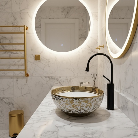 UMYWALKA NABLATOWA CERAMICZNA OWALNA KINI-WH-MOD6-500 BIAŁA ZŁOTA 50x37 CM