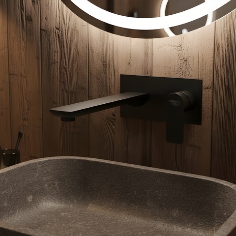 BATERIA UMYWALKOWA ŁAZIENKOWA ŚCIENNA PODTYNKOWA DŁUGA WYLEWKA F05K CZARNA