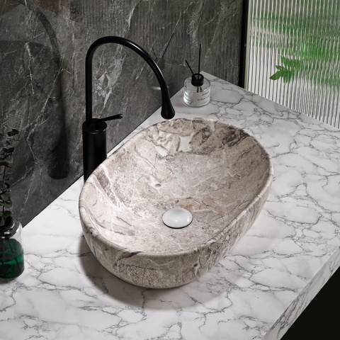 UMYWALKA NABLATOWA CERAMICZNA OWALNA NEO-MAR2-480 SZARY MARMUR MAT 48x34 CM