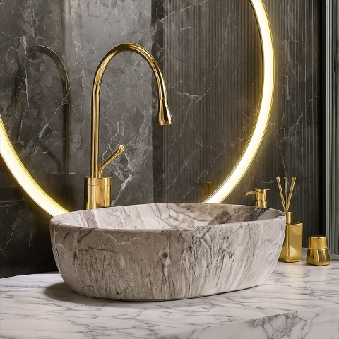 UMYWALKA NABLATOWA CERAMICZNA OWALNA NEO-MAR2-480 SZARY MARMUR MAT 48x34 CM