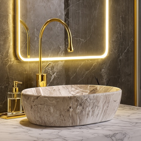 UMYWALKA NABLATOWA CERAMICZNA OWALNA NEO-MAR2-480 SZARY MARMUR MAT 48x34 CM