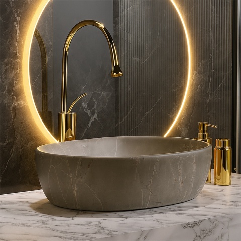 UMYWALKA NABLATOWA CERAMICZNA MARMUROWA OWALNA NEO-MAR9-480 BEŻOWY MARMUR 48x34 CM