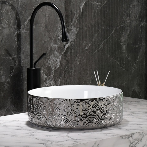 UMYWALKA NABLATOWA CERAMICZNA OKRĄGŁA LAVA-WH-SV-MOD3-360 SREBRNA 36x12 CM