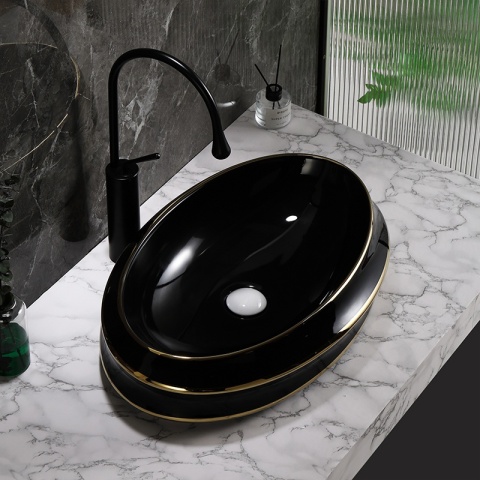 UMYWALKA NABLATOWA CERAMICZNA OWALNA YOKO-BL-GL-LN-600 CZARNY ZŁOTY POŁYSK 60x40 CM