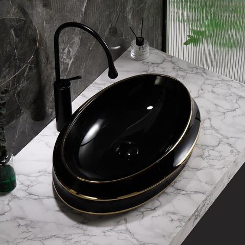 UMYWALKA NABLATOWA CERAMICZNA OWALNA YOKO-BL-GL-LN-600 CZARNY ZŁOTY POŁYSK 60x40 CM