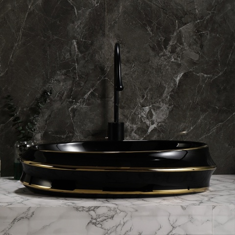 UMYWALKA NABLATOWA CERAMICZNA OWALNA YOKO-BL-GL-LN-600 CZARNY ZŁOTY POŁYSK 60x40 CM