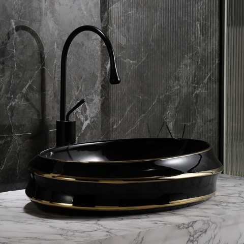 UMYWALKA NABLATOWA CERAMICZNA OWALNA YOKO-BL-GL-LN-600 CZARNY ZŁOTY POŁYSK 60x40 CM