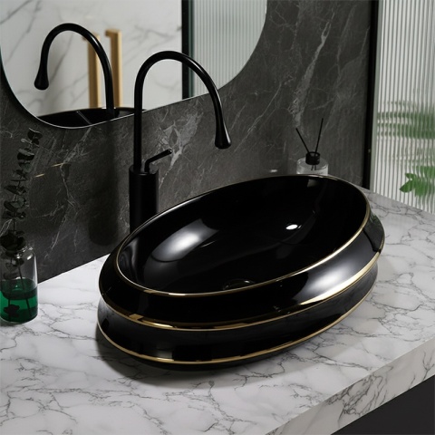 UMYWALKA NABLATOWA CERAMICZNA OWALNA YOKO-BL-GL-LN-600 CZARNY ZŁOTY POŁYSK 60x40 CM