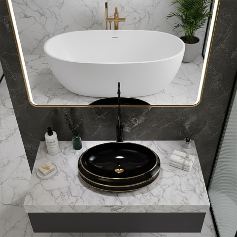UMYWALKA NABLATOWA CERAMICZNA OWALNA YOKO-BL-GL-LN-600 CZARNY ZŁOTY POŁYSK 60x40 CM