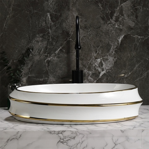 UMYWALKA NABLATOWA CERAMICZNA OWALNA YOKO-WH-GL-LN-600 BIAŁY ZŁOTY POŁYSK 60x40 CM