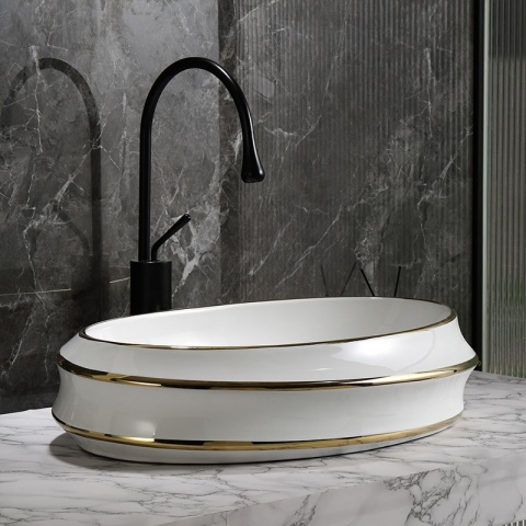 UMYWALKA NABLATOWA CERAMICZNA OWALNA YOKO-WH-GL-LN-600 BIAŁY ZŁOTY POŁYSK 60x40 CM