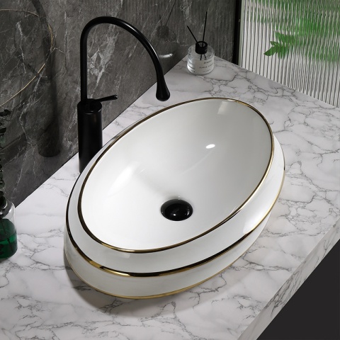 UMYWALKA NABLATOWA CERAMICZNA OWALNA YOKO-WH-GL-LN-600 BIAŁY ZŁOTY POŁYSK 60x40 CM