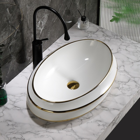 UMYWALKA NABLATOWA CERAMICZNA OWALNA YOKO-WH-GL-LN-600 BIAŁY ZŁOTY POŁYSK 60x40 CM