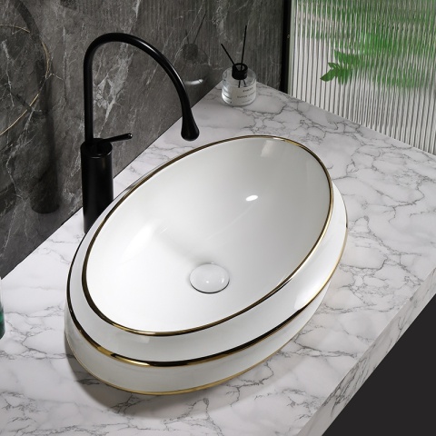UMYWALKA NABLATOWA CERAMICZNA OWALNA YOKO-WH-GL-LN-600 BIAŁY ZŁOTY POŁYSK 60x40 CM