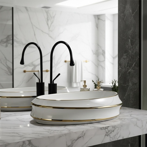 UMYWALKA NABLATOWA CERAMICZNA OWALNA YOKO-WH-GL-LN-600 BIAŁY ZŁOTY POŁYSK 60x40 CM