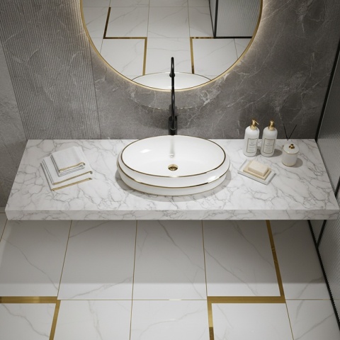 UMYWALKA NABLATOWA CERAMICZNA OWALNA YOKO-WH-GL-LN-600 BIAŁY ZŁOTY POŁYSK 60x40 CM