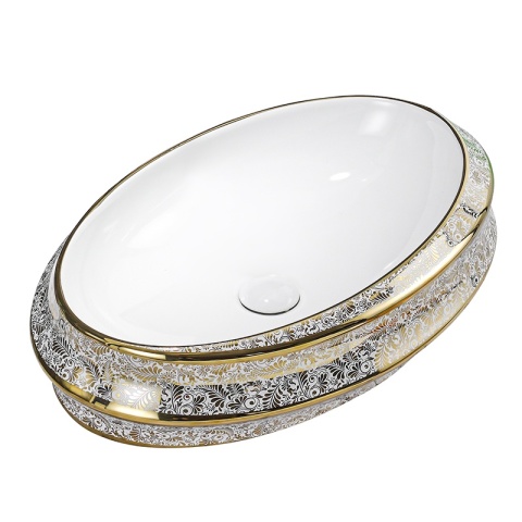 UMYWALKA NABLATOWA CERAMICZNA OWALNA YOKO-WH-MOD5-GL-600 BIAŁY ZŁOTY POŁYSK 60x40 CM