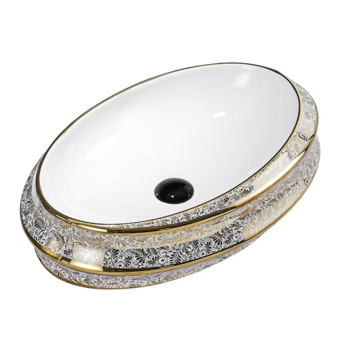 UMYWALKA NABLATOWA CERAMICZNA OWALNA YOKO-WH-MOD5-GL-600 BIAŁY ZŁOTY POŁYSK 60x40 CM