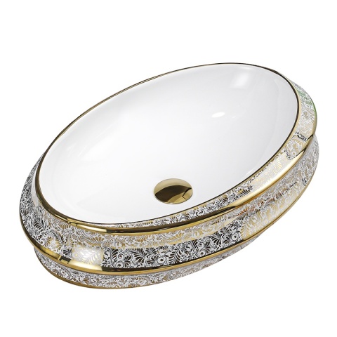 UMYWALKA NABLATOWA CERAMICZNA OWALNA YOKO-WH-MOD5-GL-600 BIAŁY ZŁOTY POŁYSK 60x40 CM