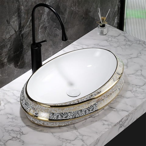 UMYWALKA NABLATOWA CERAMICZNA OWALNA YOKO-WH-MOD5-GL-600 BIAŁY ZŁOTY POŁYSK 60x40 CM