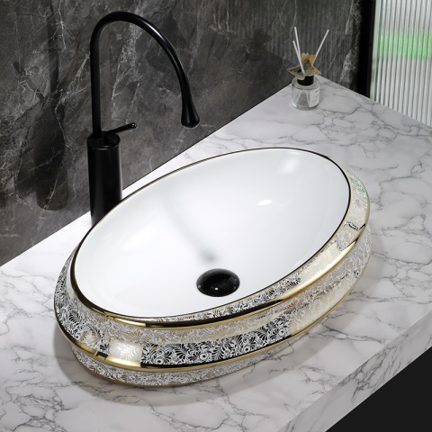 UMYWALKA NABLATOWA CERAMICZNA OWALNA YOKO-WH-MOD5-GL-600 BIAŁY ZŁOTY POŁYSK 60x40 CM