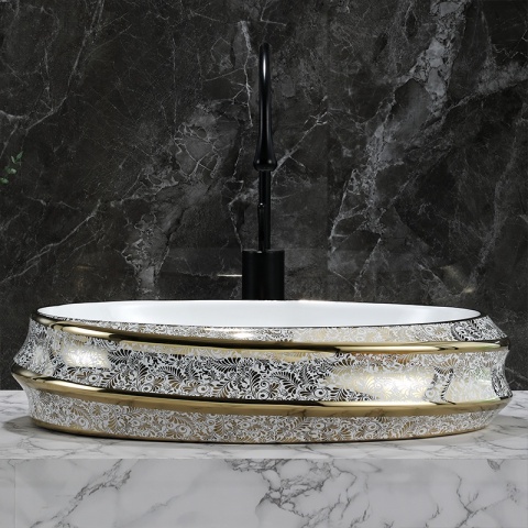 UMYWALKA NABLATOWA CERAMICZNA OWALNA YOKO-WH-MOD5-GL-600 BIAŁY ZŁOTY POŁYSK 60x40 CM