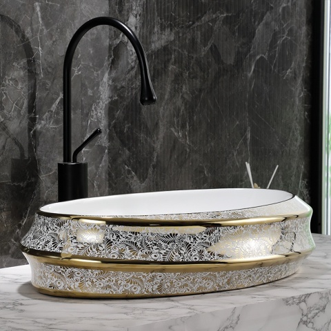 UMYWALKA NABLATOWA CERAMICZNA OWALNA YOKO-WH-MOD5-GL-600 BIAŁY ZŁOTY POŁYSK 60x40 CM