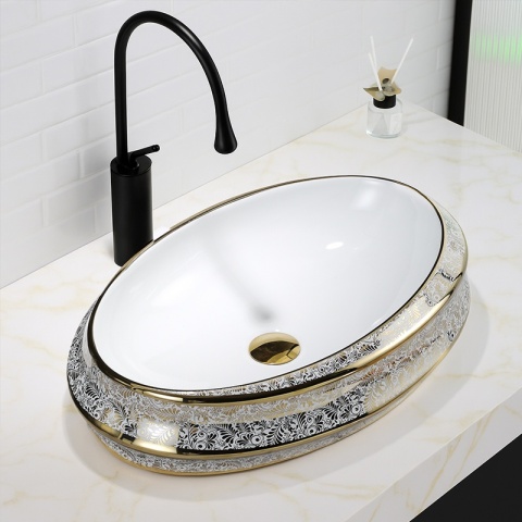 UMYWALKA NABLATOWA CERAMICZNA OWALNA YOKO-WH-MOD5-GL-600 BIAŁY ZŁOTY POŁYSK 60x40 CM