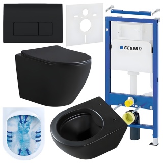 ZESTAW PODTYNKOWY WC STELAŻ GEBERIT DUOFIX MISKA MIZU-MTB-RIM-03 PRZYCISK DELTA 50 CZARNY POŁYSK