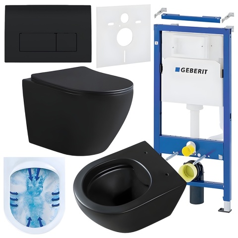 ZESTAW PODTYNKOWY WC STELAŻ GEBERIT DUOFIX MISKA MIZU-MTB-RIM-03 PRZYCISK DELTA 50 CZARNY POŁYSK