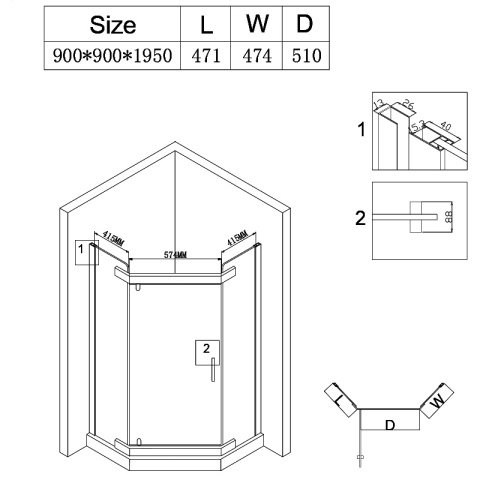 KABINA PRYSZNICOWA PIĘCIOKĄTNA Z BRODZIKIEM KZ91B/SXL07B CHROM/BIAŁY 90x90 CM