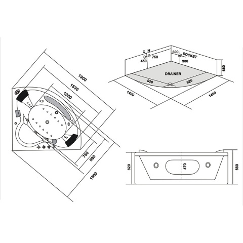 WANNA Z HYDROMASAŻEM Z PODGRZEWACZEM FLORES 601H BIAŁA 140x140 CM