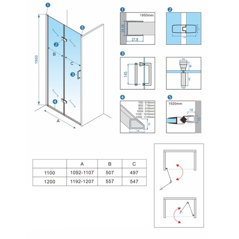 DRZWI PRYSZNICOWE SKŁADANE DO WNĘKI ZES-KZ21F-BL-120 CZARNE 120 CM 6 MM