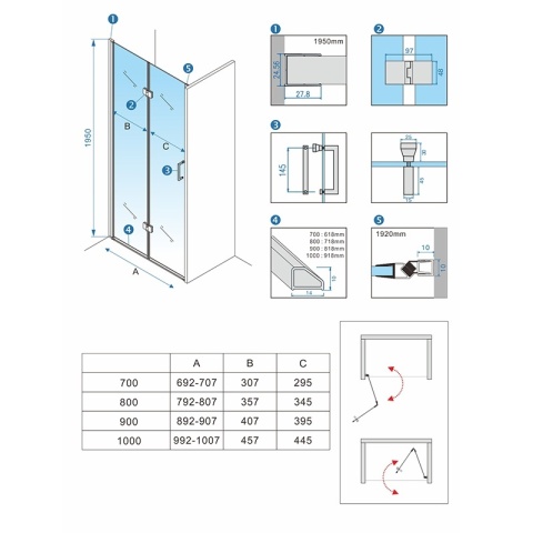 DRZWI PRYSZNICOWE UCHYLNE DO WNĘKI ZES-KZ21C-GL-90 ZŁOTE 90 CM 6 MM