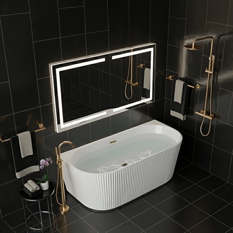 WANNA PRZYŚCIENNA RYFLOWANA BIAŁA PRZELEW ZŁOTY SZCZOTKOWANY 170x75CM