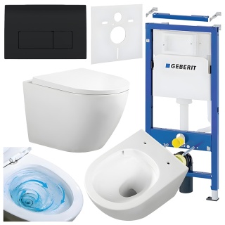 ZESTAW PODTYNKOWY WC STELAŻ GEBERIT DUOFIX MISKA FLOW-WH-TR-02 PRZYCISK DELTA 50 CZARNY POŁYSK