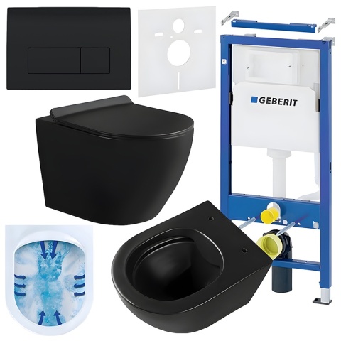 ZESTAW PODTYNKOWY WC STELAŻ GEBERIT DUOFIX MISKA MIZU-MTB-RIM-01 PRZYCISK DELTA 50 CZARNY POŁYSK