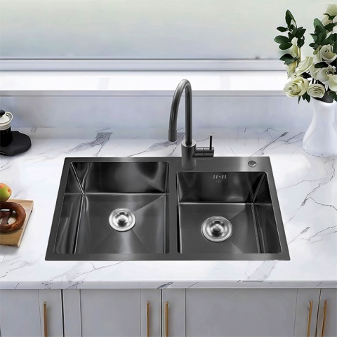 ZLEW KUCHENNY ZLEWOZMYWAK DWUKOMOROWY STALOWY GRAFITOWY VISTA-BL-75X45 DOZOWNIK SYFON UCHWYTY