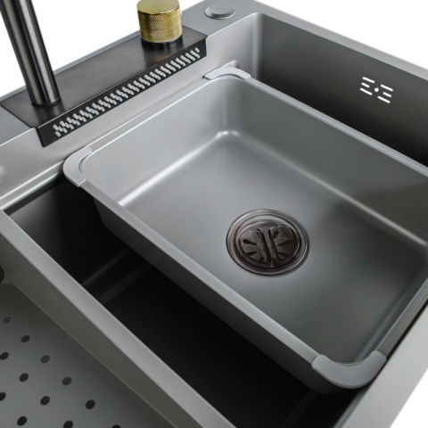 ZLEWOZMYWAK JEDNOKOMOROWY Z WODOSPADEM WIELOFUNKCYJNY ZES-PARYS 75X45 SZARY ZLEW KUCHENNY