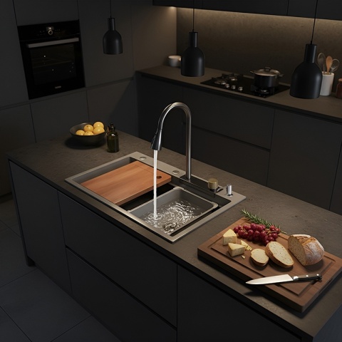 ZLEWOZMYWAK JEDNOKOMOROWY Z WODOSPADEM WIELOFUNKCYJNY ZES-PARYS 75X45 SZARY ZLEW KUCHENNY