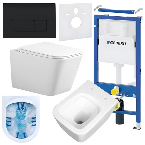 ZESTAW PODTYNKOWY WC STELAŻ GEBERIT DUOFIX MISKA RAIN-WH-RIM-03 PRZYCISK DELTA 50 CZARNY POŁYSK