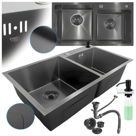 ZLEW KUCHENNY ZLEWOZMYWAK DWUKOMOROWY STALOWY GRAFITOWY VISTA-BL-78X43 DOZOWNIK SYFON UCHWYTY