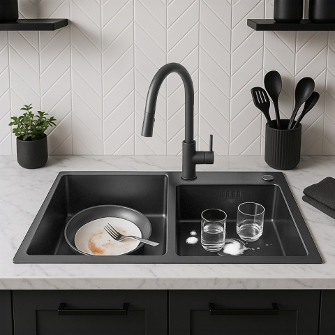 ZLEW KUCHENNY ZLEWOZMYWAK DWUKOMOROWY STALOWY GRAFITOWY VISTA-BL-78X43 DOZOWNIK SYFON UCHWYTY