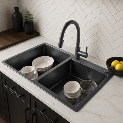 ZLEW KUCHENNY ZLEWOZMYWAK DWUKOMOROWY STALOWY GRAFITOWY VISTA-BL-78X43 DOZOWNIK SYFON UCHWYTY