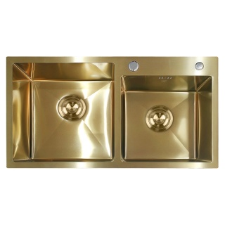 ZLEW KUCHENNY ZLEWOZMYWAK DWUKOMOROWY STALOWY ZŁOTY VISTA-GL-78X43 DOZOWNIK SYFON UCHWYTY