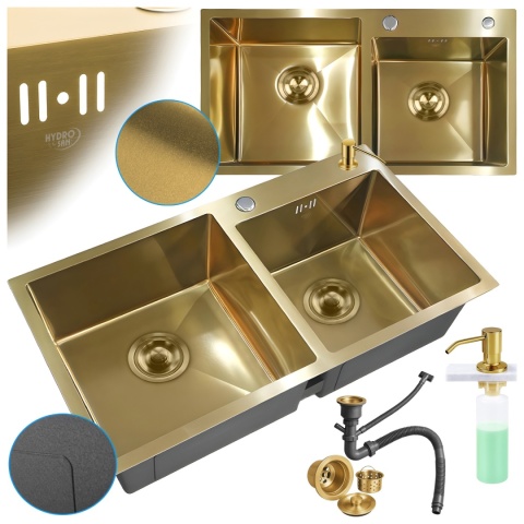 ZLEW KUCHENNY ZLEWOZMYWAK DWUKOMOROWY STALOWY ZŁOTY VISTA-GL-78X43 DOZOWNIK SYFON UCHWYTY