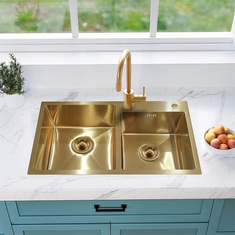 ZLEW KUCHENNY ZLEWOZMYWAK DWUKOMOROWY STALOWY ZŁOTY VISTA-GL-78X43 DOZOWNIK SYFON UCHWYTY