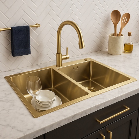 ZLEW KUCHENNY ZLEWOZMYWAK DWUKOMOROWY STALOWY ZŁOTY VISTA-GL-78X43 DOZOWNIK SYFON UCHWYTY